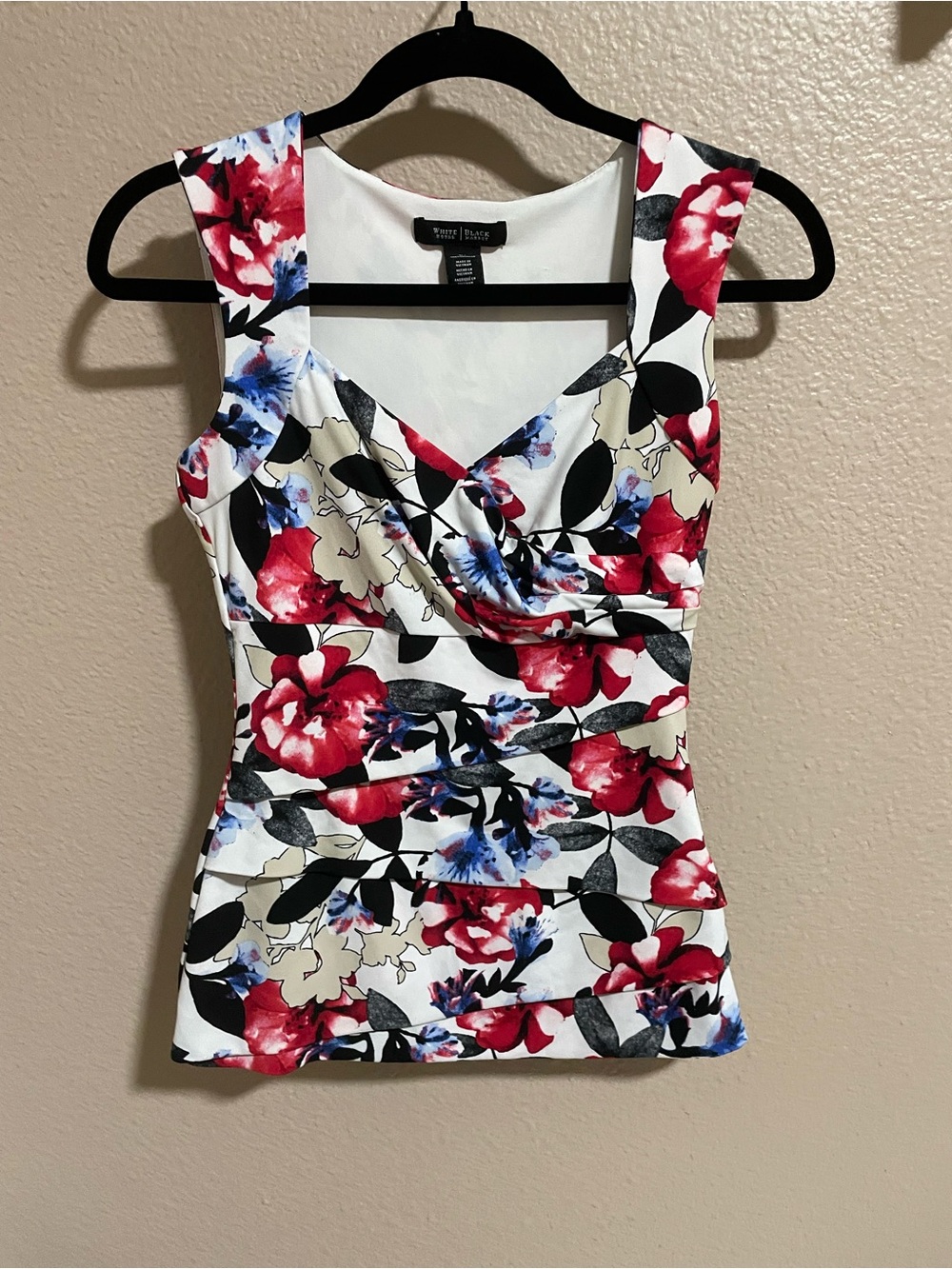 White Floral Sleeveless Top with Red & Blue Blooms